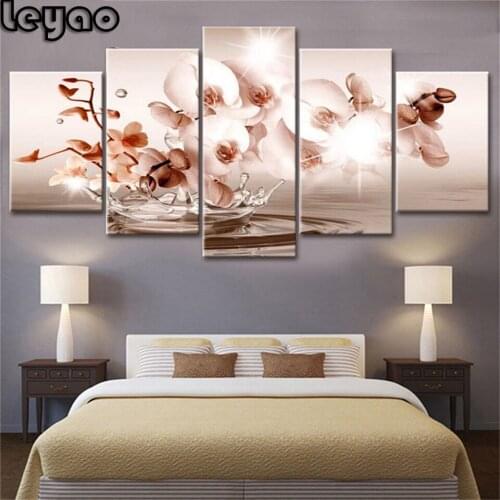 5 Panel Orchids Flowers Diy Diamond Painting Rhinestone Full Square Round Drill Diamond Embroidery Sale home decor