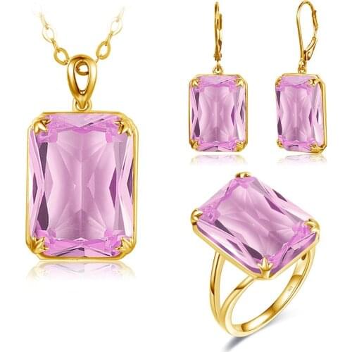 Szjinao 14K Gold Jewelry Sets For Women Shiny Pink Cristal Pendant Earrings Ring Set Real 925 Sterling Silver Fashion Jewelry