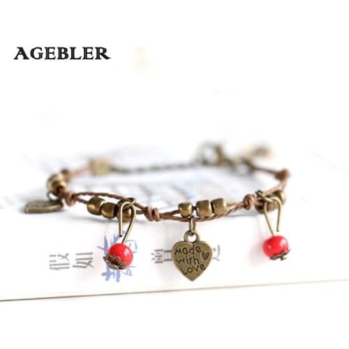 Original Handmade Ceramic Bracelet Red Bead and Heart Pendant Hand Strap Charm Small Ornament Special for Girl Bronze Alloy