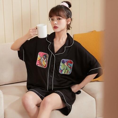 Womens Homedress Pajamas Sets Short Sleeve Shorts Ice Silk Nightgown Turn-down Collar Sleepwear Silk-like Fabric Home Clothing