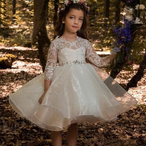 Luxurious Short Flower Girls Dresses 3/4 Sleeves Lace Applique Beaded belt Organza Puffy Princess Girls Pageant Dresses