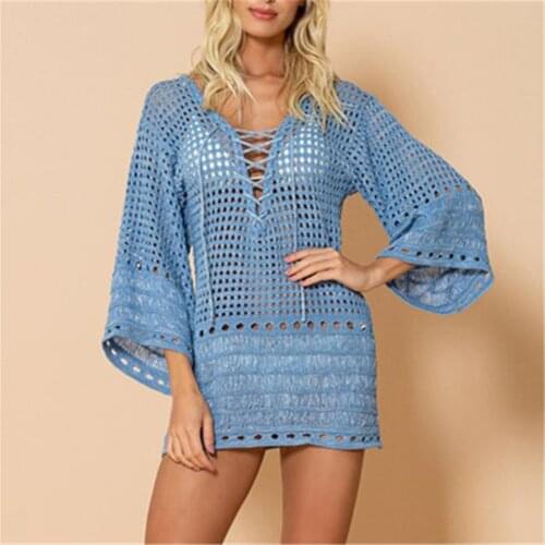 Sexy Hollow Straps Out Beach Dress Women Solid Color Crochet Swimsuit Cover Up Female Seaside Vacation Sunscreen Bathing Suit