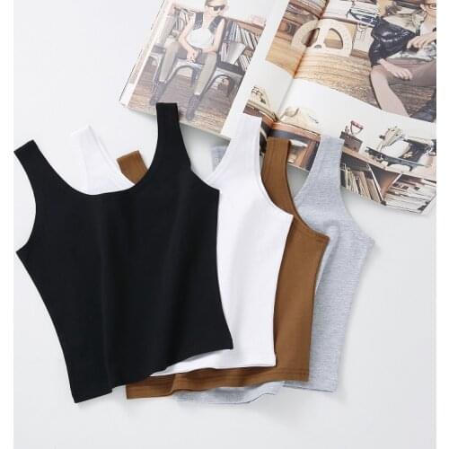 Summer Slim Solid Color Short Top Sexy Sleeveless U Croptops Women Tank Tops Cotton Tops Vest For Female Black White Tops