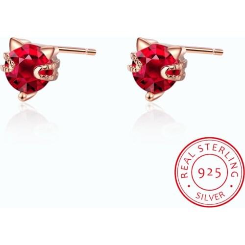 Cute 925 Sterling Silver Red Cz Zirconia Kitty Cat Gato Stud Earrings For Women Children Girls Kids Jewellery Gift Brinco Pequen