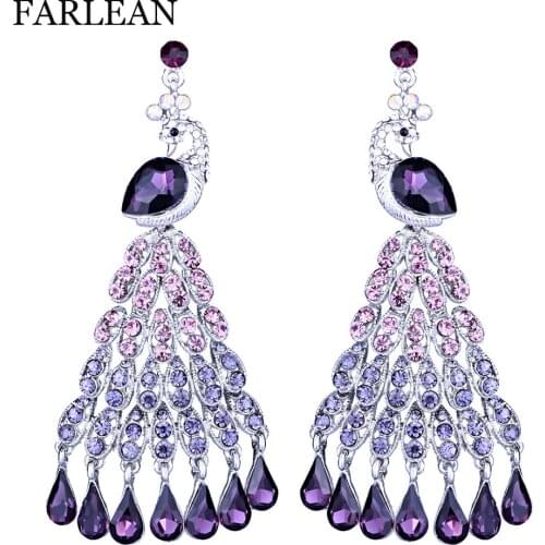 FARLENA Jewelry Multi Crystal Rhinestones Big Peacock Drop Earrings for Women Fashion Wedding long Earrings