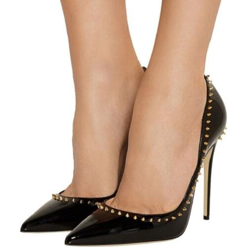Womens Pumps Large Size Pointed Toe Rivet High Heel Thin Heels Single Shoe Patent Leather Party Wedding Shoes Sandalias Mujer