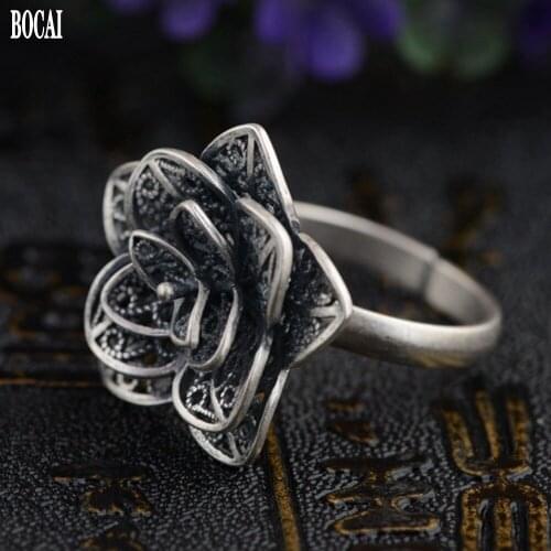 New real solid S990 pure silver jewelry matte Thai silver craft ring for women adjustable filigree rose woman silver ring