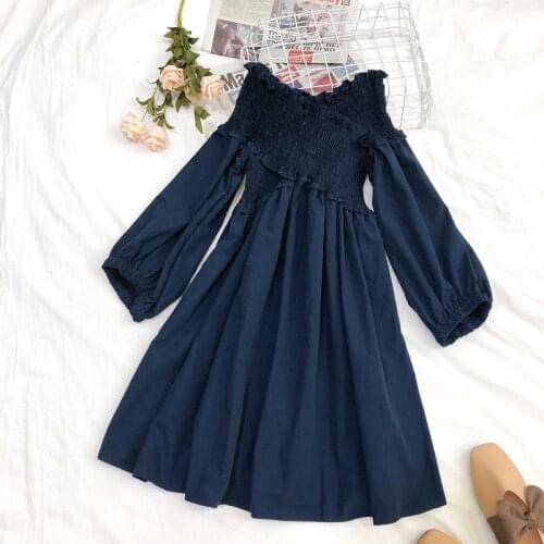 2021 Women Slash Neck Pleated A-line Puff Sleeve Ruffles Dress Lady Off Shoulder Cross Pullover Slim High Waist Party Mini Dress