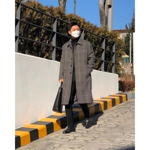 Winter Plaid Overcoat Fashion Mens Singal Breasted Thick Loose Long-Length Woolen Warm Casual Trench Coat Male Jacket