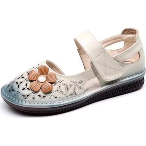 ZXRYXGS Brand Sandals 2020 Newest Summer Comfort Flat Leather Sandals Women Casual Shoes Round Head Flowers Hollow Retro Sandals