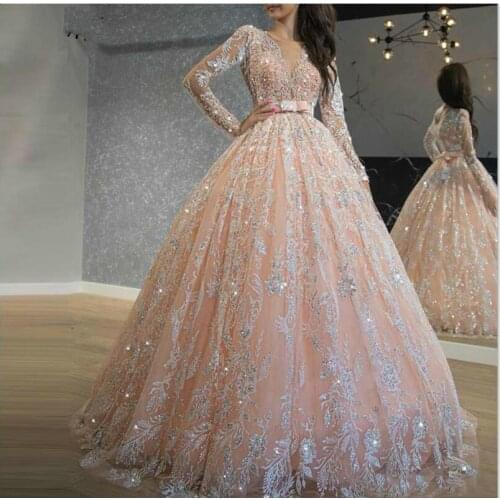 2021 Sparkly Pink Quinceanera Dresses Sequin Lace Ball Gown Prom Dresses Jewel Neck Long Sleeve Sweet 16 Dress Long Formal