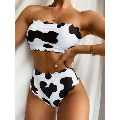 2021 Scalloped High Wait Bikini Women Bandeau Swimsuit Female Swimwear Two-pieces Bikini set Cow Print Bather Bathing Suit Swim