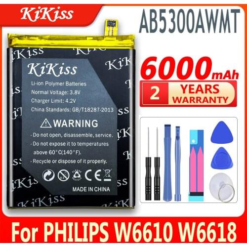 KiKiss Large Capacity 6000mAh Mobile Phone Battery For PHILIPS W6610 W6618 Lithium Polymer Rechargeable Batteries AB5300AWMT