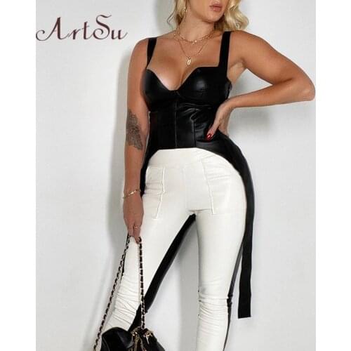Artsu Black PU Leather Strap Tank Tops Women Backless Corset Sexy Cropped Top Harajuku Streetwear Clothes 90048