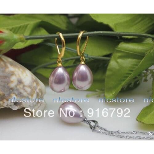 Free shipping >>>>>Beautiful set purple sea shell mother of pearl pendent necklace earring