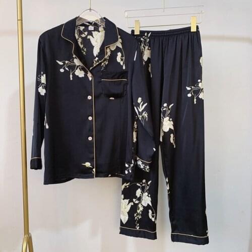 Black 2020 Stylish Women Pajama Set Silk Satin Sleepwear Spring Summer Long Sleeve Pants Two-piece Suit Home Wear Pyjama Femme