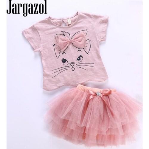 Jargazol Kids Clothes Girls Summer Cat Printed Bow Shirt&mesh Tutu Dress Toddler Children Clothing Set Girl Outfits Kids Costume