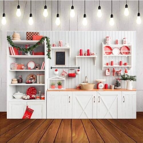 Kitchen room backdrop for photography Cupboard red christmas theme party decoration background for photo studio sock