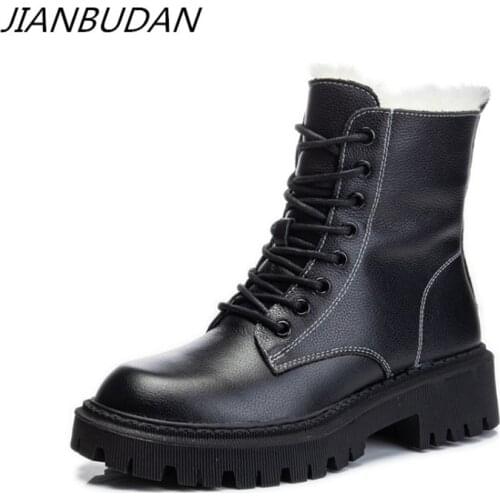 JIANBUDAN Genuine Leather snow boots Womens winter Wool warm Ankle boots Thick bottom Comfortable Waterproof Cowhide boots