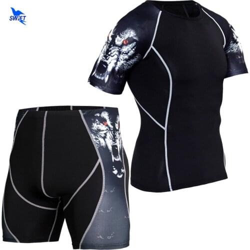 2Pcs/Set MMA Men Compression Running Jogging Suits Sports Set Short Sleeve T-Shirt+Shorts Legging Gym Fitness Tights Sportswear