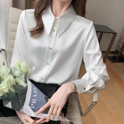 Korean Silk Women Shirts Satin Blouses Women Long Sleeve Shirts Woman Silk Shirt Tops Woman Peter Pan Collar Satin Blouses 16824
