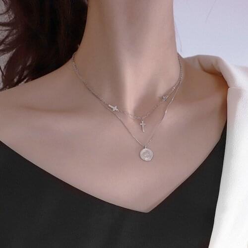 Hot Sale 925 Sterling Silver Necklace Shiny Double Cross Choker Exquisite Round Pendant Party Gift For Girl SNK017
