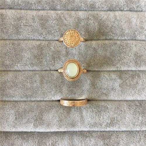 Trendy gold color plating light green stone with engraved round 3 pieces ring set for women