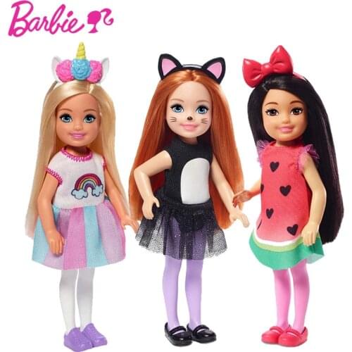 Original Barbie Club Chelsea Doll Toys Barbie Clothes Accessories Dressup in Cat Costume with Red Hair Girl Birthday Gift GHV69