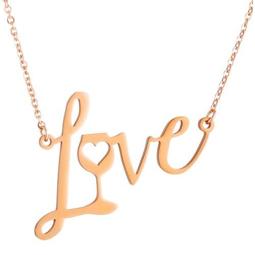 Love You Forever Necklaces for Women Men Love Letter Pednant Jewelry Stainless Steel Wine Heart Rose Gold Silver Color Necklace