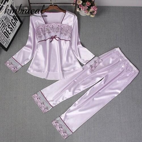 Pajamas for Women Pyjama Set Embroidery Imitation Silk Summer Mujer Pijama Long Sleeve Thin Sleepwear Nightwear 2PCS Plus Size