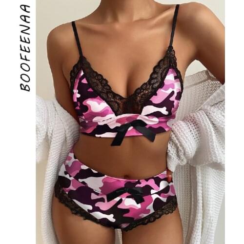 BOOFEENAA Pajama Shorts Sets Leopard Pink Camouflage Print Bow Lace Sexy Cute Lingerie Women Sleepwear Two Piece Set C34-BD13