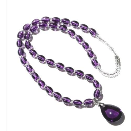 Silver Plated Water Drop Natural Purple Amethysts Crystal Pendant Beads Chain Necklace for Elegant Women Jewelry