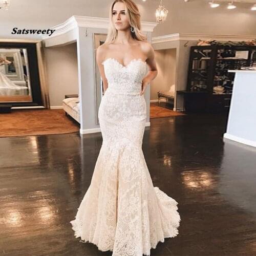 Amazing Mermaid Lace Wedding Dresses Sweetheart Neckline 2021 Elegant Bridal Dresses Zipper Back White Ivory Wedding Gown Custom