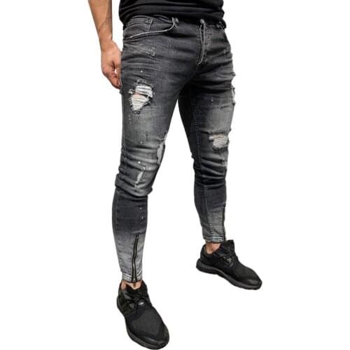 Plus Size Men Jeans Mid Rise Skinny Fashion Casual Ripped Holes Zipper Pencil Pants Trousers pantalon homme джинсы для мужчин