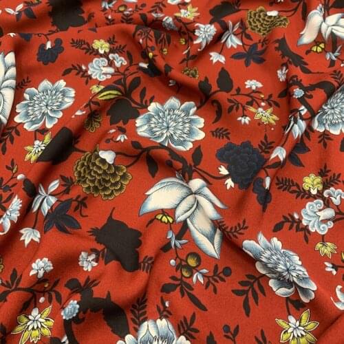 140CM Wide 18MM Floral Print Red Silk Crepe Fabric for Summer Dress Shirt Cheongsam Suit Pants G057