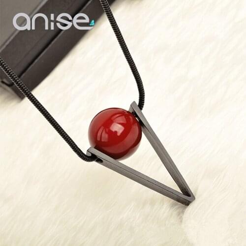 Anise Classic Red Imitation Pearls Ball Sweater Chain Woman Retro Black Triangle Geometric Long Tassel Necklace Female Jewelry