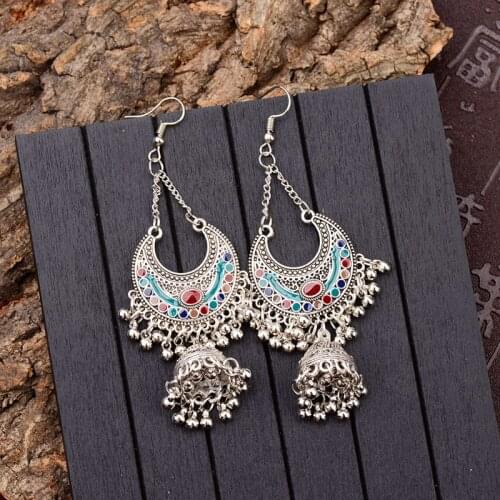 TopHanqi Gypsy Jewelry Indian Jhumka Long Small Bell Fringed Tassel Earrings Antique Ethnic Silver Color Drop Earrings For Women