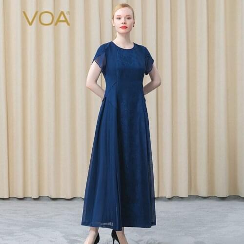 VOA Heavy 38m/m Silk Jacquard Dark Blue Round Neck AE787 Petal Sleeve Bump Georgette Splicing Banquet Dresses for Women