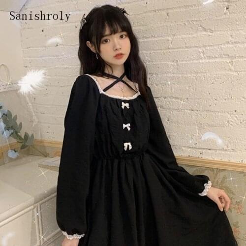 Sanishroly Vintage Square Collar Black Dresses Women Tie Bow Lace Patchwork Platycodon Dress Female Long Sleeve A-line Vestidos