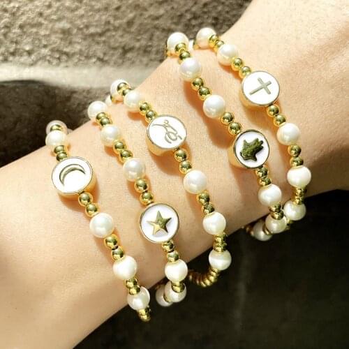 FLOLA Gold Beads Pearl Enamel Moon And Star Bracelets For Women Handmade Beaded Cross Bangle Bracelet Wholesale Jewelry brtd26