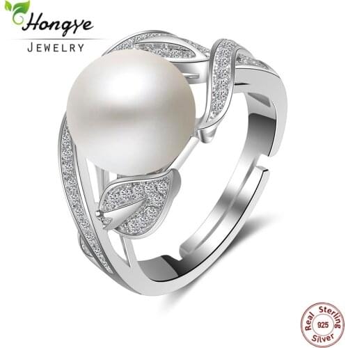 Hongye 2020 New Fashion Natural Freshwater Pearls with 925 Sterling Silver Adjustable Ring Simple Elegant for Women Jewelry Gift