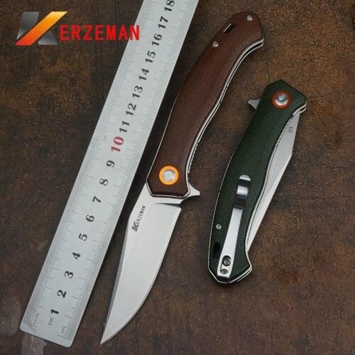 KERZEMAN New Pocket Folding Knives High-End Linen Handle Outdoor Camping Hunting Tactical Knife Ball Bearing Survival EDC Tool