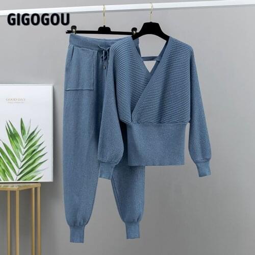 GIGOGOU Bling 2 Piece Sweater Tracksuits Women Harrem Pants + Double V Neck Pullover Sweater Set Autumn Winter Knitted Clothing