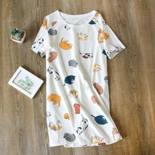 Summer Cotton Womens Nightgown Short Sleeve Sleep Dress Korean Lovely Cartoon Print Nightwear Female Plus Size Loose Home Dress