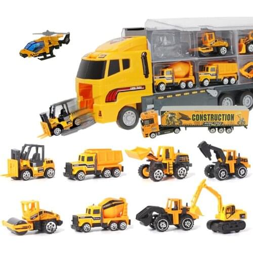 12pcs/set 2in1 Mini Diecast Alloy Car Model Engineering Toy Vehicles Carrier Truck with Ejection & Carry Function Xmas Gift