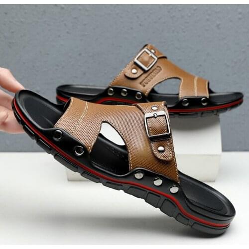 New Mens Summer Beach Slippers Genuine Leather Man Outdoor Sport Sneakers Home Sandals Male Swimming Water Shoes Big Size 38-47
