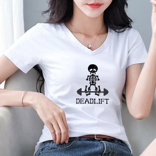 2020 New Harajuku Tshirt S-4XL Skull Fitness Funny Print T Shirt Women Cotton V Neck Short Sleeve T-Shirt Tops Casual Tee Shirts