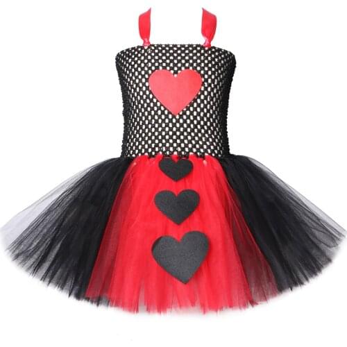 Queen of Hearts Girls Tutu Dress Black Red Girls Tulle Dress Girls Carnival Halloween Party Alice Cosplay Costume for Kids 2-12Y