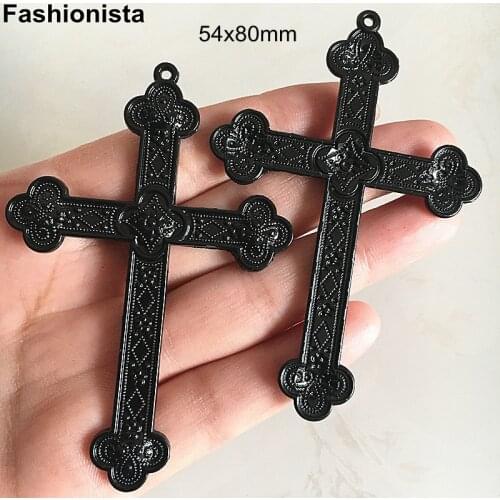 15 pcs/2 pcs Large Cross Jewelry Pendant 54x80mm Black Color Exquisite Flower Pattern Decor Cross Big Charms For DIY Necklace -B