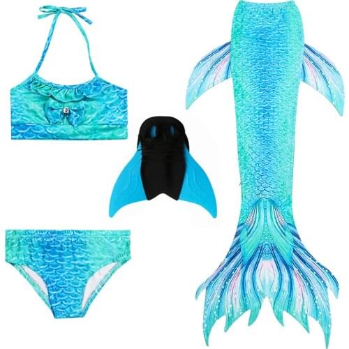 Hot Girls Ariel Mermaid Tail Swimsuit for Costume Cosplay Kids 4T-12T Blue Little Mermaid Swimming with or NO MonoFin C78790CH